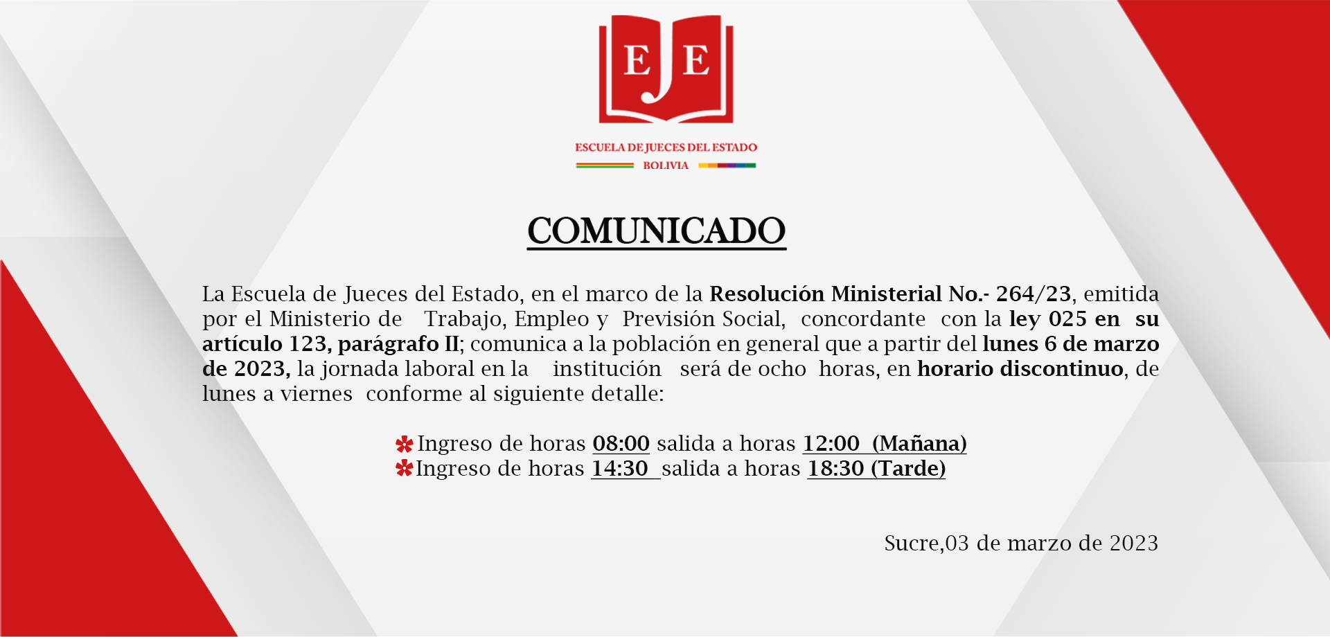 LA ESCUELA DE JUECES DEL ESTADO COMUNICA A LA POBLACIÓN QUE RETOMA EL HORARIO DISCONTINUO A PARTIR DEL LUNES 6 DE MARZO DE 2023